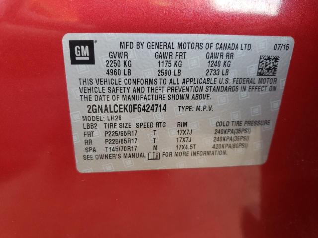 Photo 10 from auction – 2015 CHEVROLET EQUINOX LT with VIN 2GNALCEK0F6424714