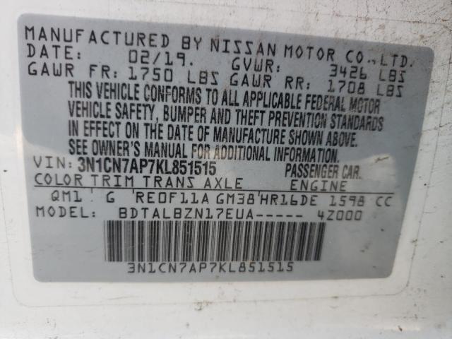 Photo 10 from auction – 2019 NISSAN VERSA S with VIN 3N1CN7AP7KL851515
