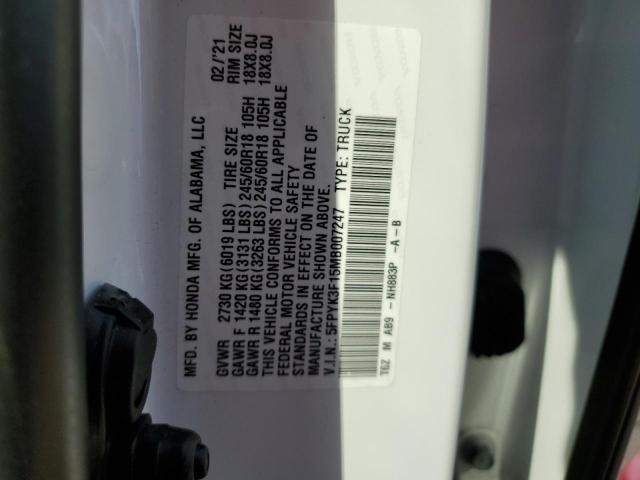 Photo 10 from auction – 2021 HONDA RIDGELINE with VIN 5FPYK3F15MB007247
