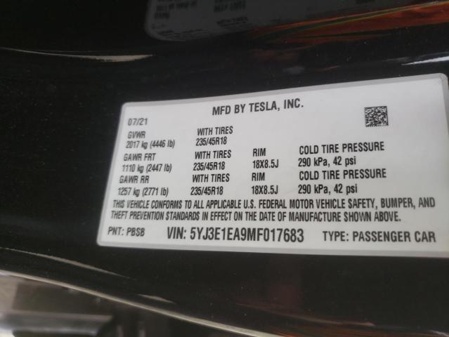 Photo 10 from auction – 2021 TESLA MODEL 3 with VIN 5YJ3E1EA9MF017683