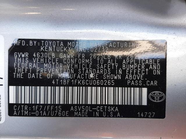 Photo 10 from auction – 2012 TOYOTA CAMRY BASE with VIN 4T1BF1FK6CU060265