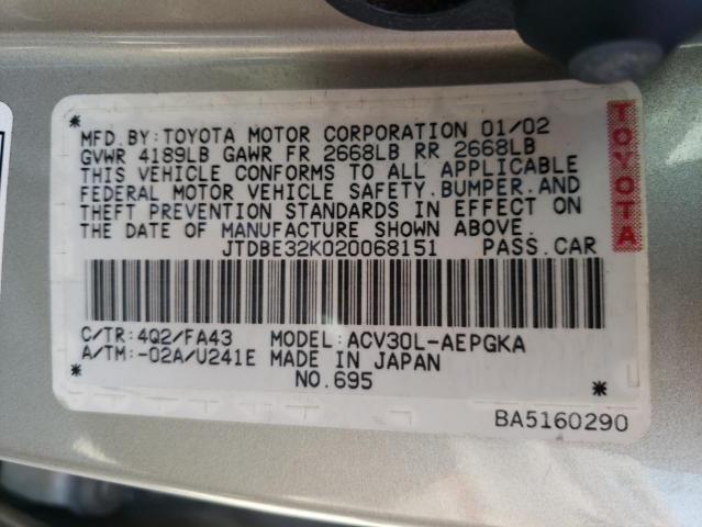 Photo 10 from auction – 2002 TOYOTA CAMRY LE with VIN JTDBE32K020068151
