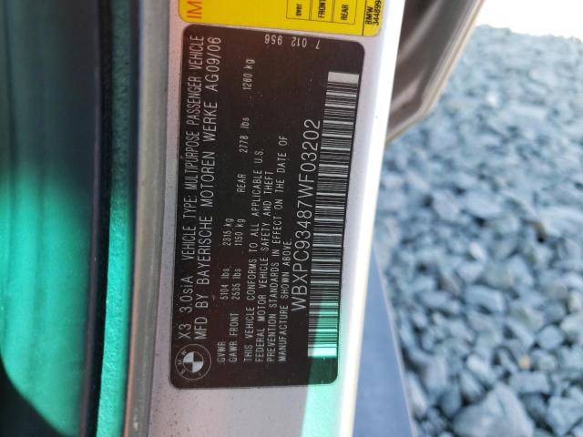 Photo 10 from auction – 2007 BMW X3 3.0SI with VIN WBXPC93487WF03202