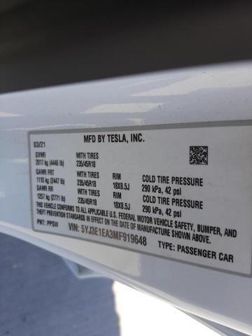Photo 10 from auction – 2021 TESLA MODEL 3 with VIN 5YJ3E1EA3MF919648