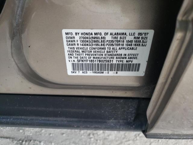 Photo 10 from auction – 2007 HONDA PILOT EXL with VIN 5FNYF18517B025931