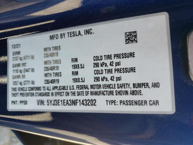 Photo 10 from auction – 2022 TESLA MODEL 3 with VIN 5YJ3E1EA3NF143202