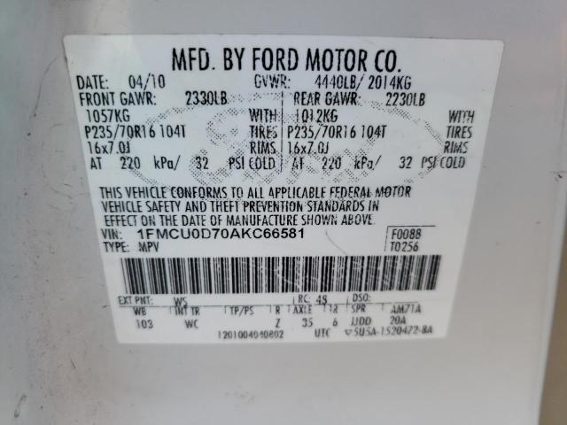 Photo 10 from auction – 2010 FORD ESCAPE XLT with VIN 1FMCU0D70AKC66581