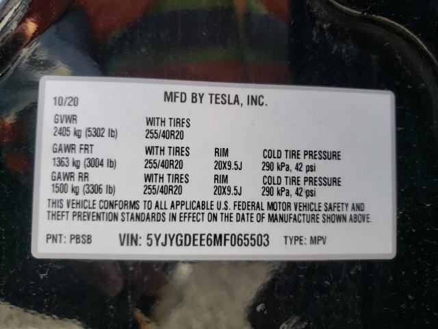 Photo 10 from auction – 2021 TESLA MODEL Y with VIN 5YJYGDEE6MF065503