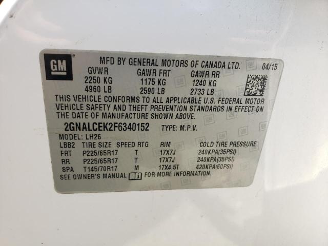 Photo 10 from auction – 2015 CHEVROLET EQUINOX LT with VIN 2GNALCEK2F6340152