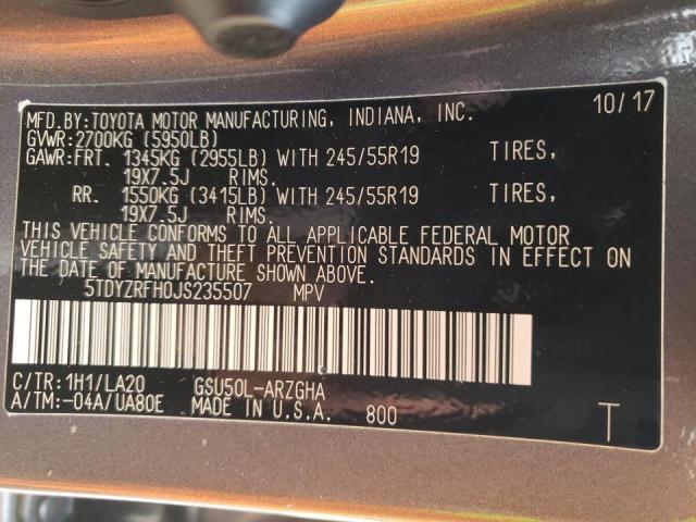 Photo 10 from auction – 2018 TOYOTA HIGHLANDER with VIN 5TDYZRFH0JS235507
