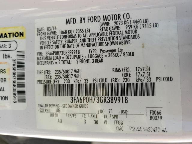 Photo 10 from auction – 2016 FORD FUSION SE with VIN 3FA6P0H73GR389918
