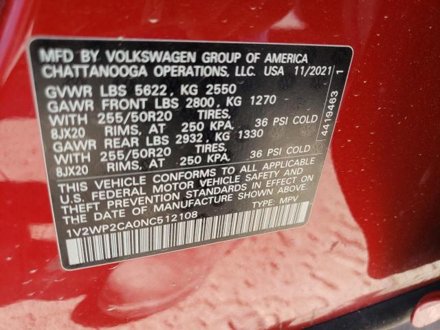 Photo 10 from auction – 2022 VOLKSWAGEN ATLAS SE with VIN 1V2WP2CA0NC512108