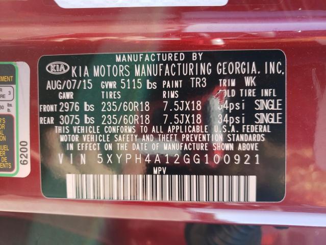 Photo 10 from auction – 2016 KIA SORENTO EX with VIN 5XYPH4A12GG100921
