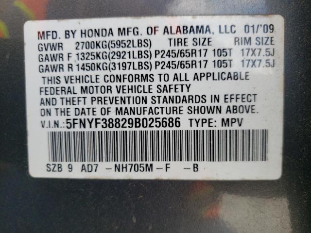 Photo 10 from auction – 2009 HONDA PILOT TOUR with VIN 5FNYF38829B025686
