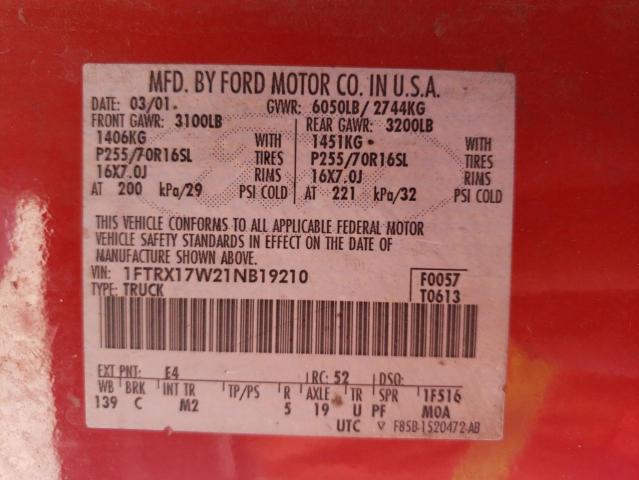 Photo 10 from auction – 2001 FORD F150 with VIN 1FTRX17W21NB19210