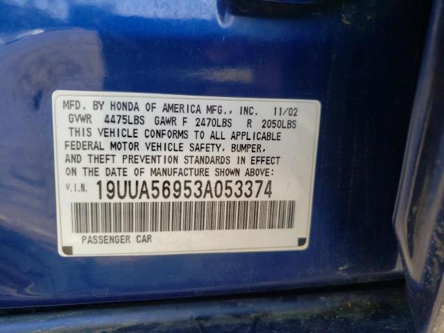 Photo 10 from auction – 2003 ACURA 3.2TL TYPE with VIN 19UUA56953A053374