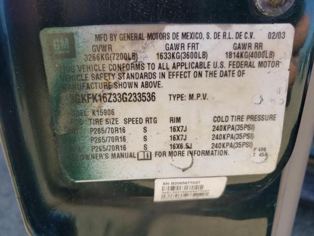 Photo 10 from auction – 2003 GMC YUKON with VIN 3GKFK16Z33G233536