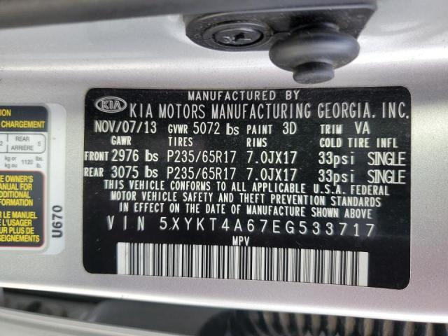 Photo 10 from auction – 2014 KIA SORENTO LX with VIN 5XYKT4A67EG533717