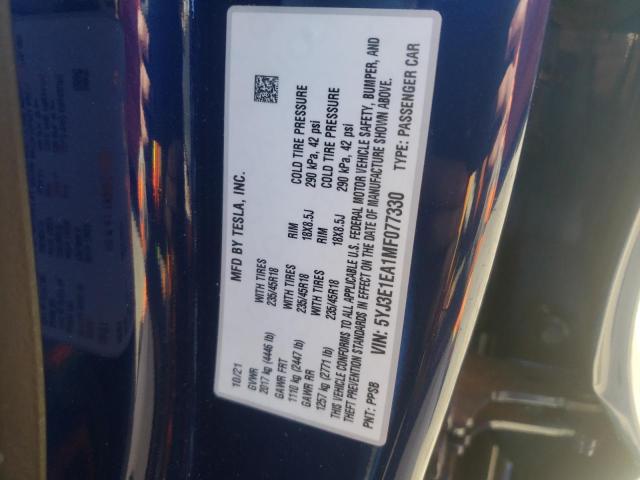 Photo 10 from auction – 2021 TESLA MODEL 3 with VIN 5YJ3E1EA1MF077330