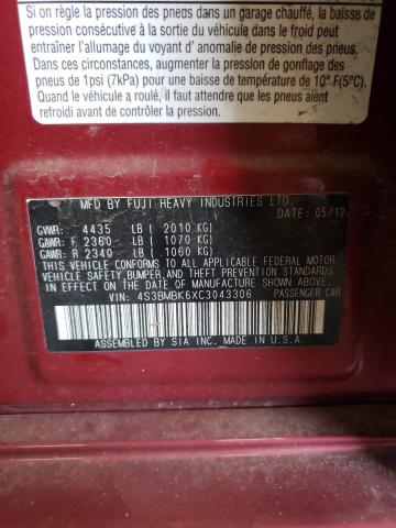 Photo 10 from auction – 2012 SUBARU LEGACY 2.5 with VIN 4S3BMBK6XC3043306