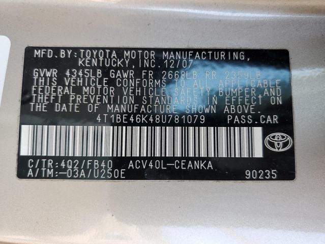 Photo 10 from auction – 2008 TOYOTA CAMRY CE with VIN 4T1BE46K48U781079