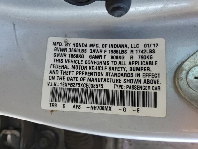 Photo 10 from auction – 2012 HONDA CIVIC LX with VIN 19XFB2F5XCE038575