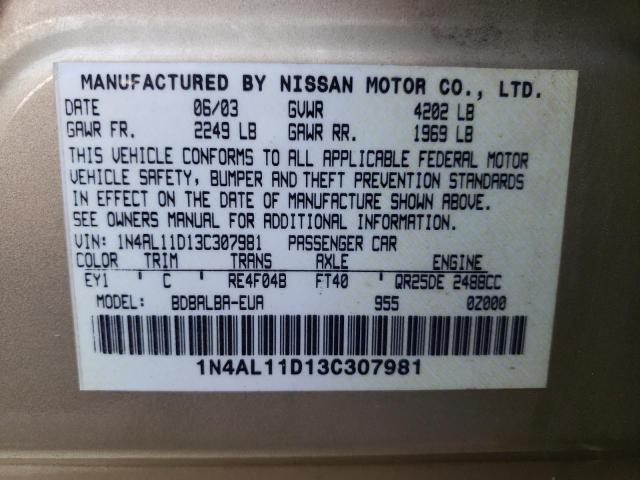 Photo 10 from auction – 2003 NISSAN ALTIMA BAS with VIN 1N4AL11D13C307981
