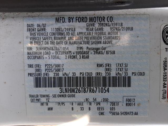 Photo 10 from auction – 2007 LINCOLN MKZ with VIN 3LNHM26T87R671054