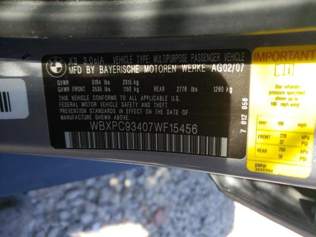 Photo 10 from auction – 2007 BMW X3 3.0SI with VIN WBXPC93407WF15456