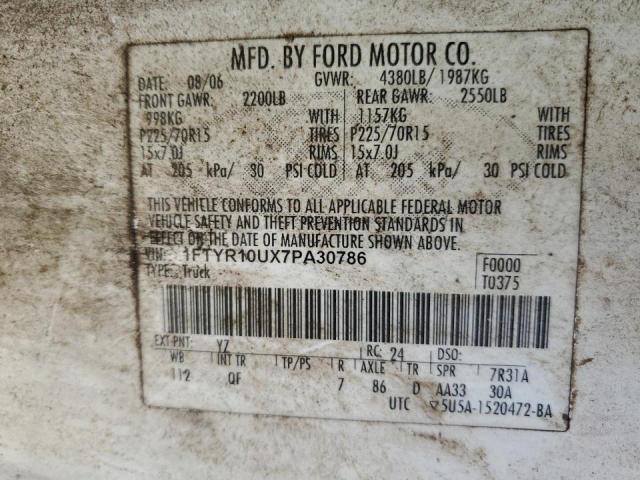 Photo 10 from auction – 2007 FORD RANGER with VIN 1FTYR10UX7PA30786