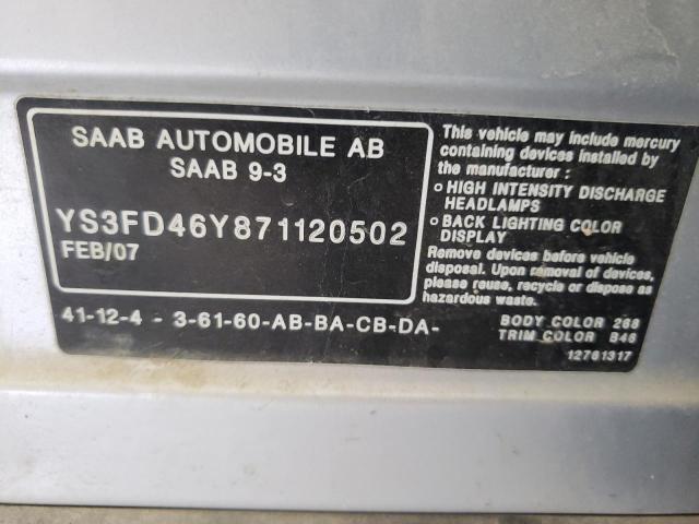 Photo 10 from auction – 2007 SAAB 9-3 2.0T with VIN YS3FD46Y871120502