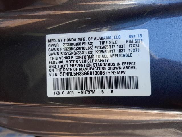 Photo 10 from auction – 2016 HONDA ODYSSEY SE with VIN 5FNRL5H33GB013086