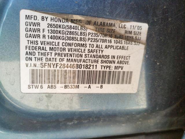 Photo 10 from auction – 2006 HONDA PILOT EX with VIN 5FNYF28446B018211