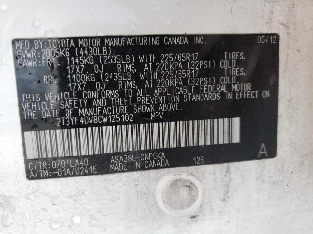 Photo 10 from auction – 2012 TOYOTA RAV4 LIMIT with VIN 2T3YF4DV8CW125102