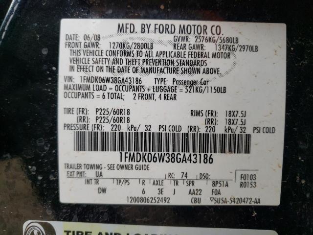 Photo 10 from auction – 2008 FORD TAURUS X L with VIN 1FMDK06W38GA43186