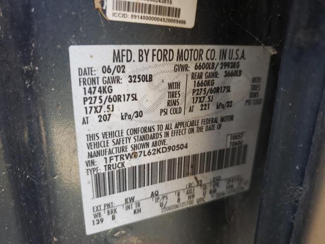 Photo 10 from auction – 2002 FORD F150 SUPER with VIN 1FTRW07L62KD90504