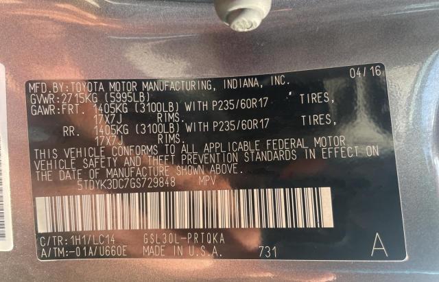 Photo 10 from auction – 2016 TOYOTA SIENNA XLE with VIN 5TDYK3DC7GS729848