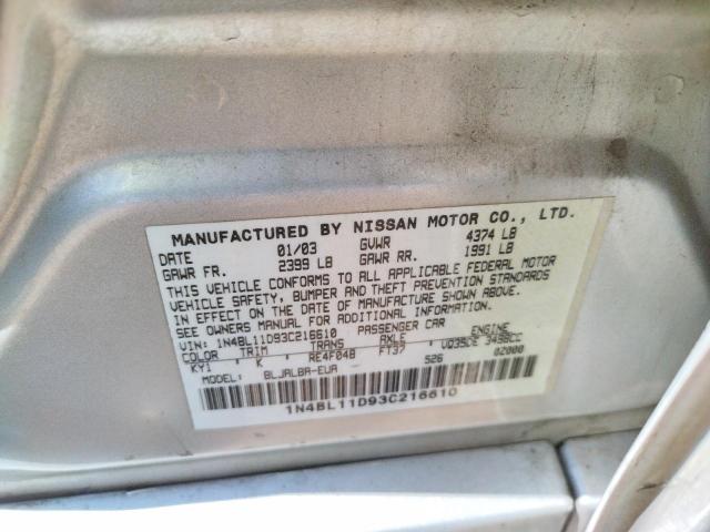 Photo 10 from auction – 2003 NISSAN ALTIMA with VIN 1N4BL11D93C216610