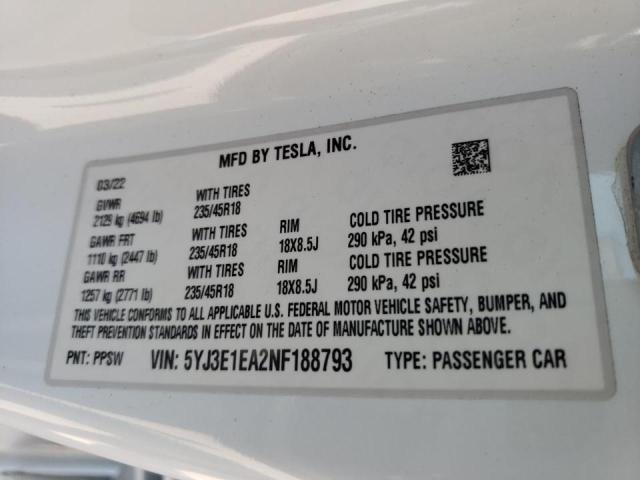 Photo 10 from auction – 2022 TESLA MODEL 3 with VIN 5YJ3E1EA2NF188793