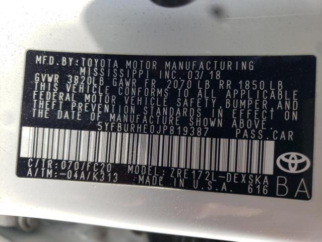 Photo 10 from auction – 2018 TOYOTA COROLLA L with VIN 5YFBURHE0JP819387