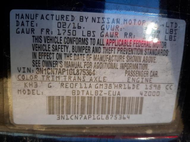 Photo 10 from auction – 2016 NISSAN VERSA S with VIN 3N1CN7AP1GL875364