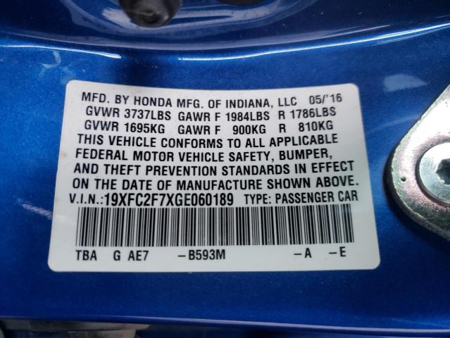 Photo 10 from auction – 2016 HONDA CIVIC EX with VIN 19XFC2F7XGE060189