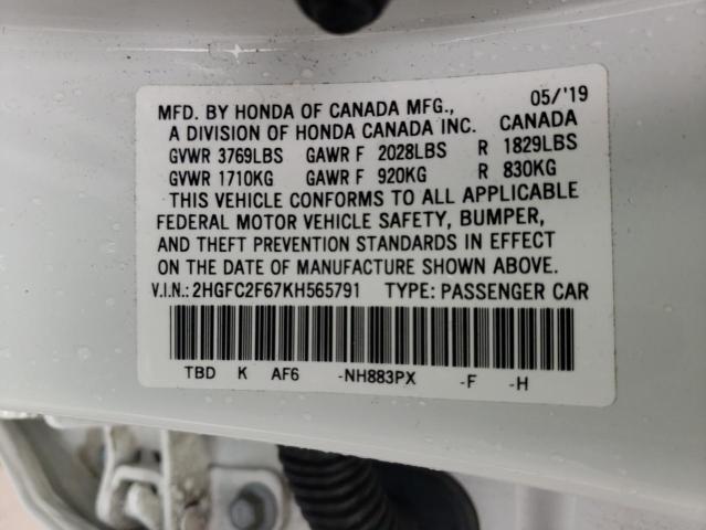 Photo 10 from auction – 2019 HONDA CIVIC LX with VIN 2HGFC2F67KH565791