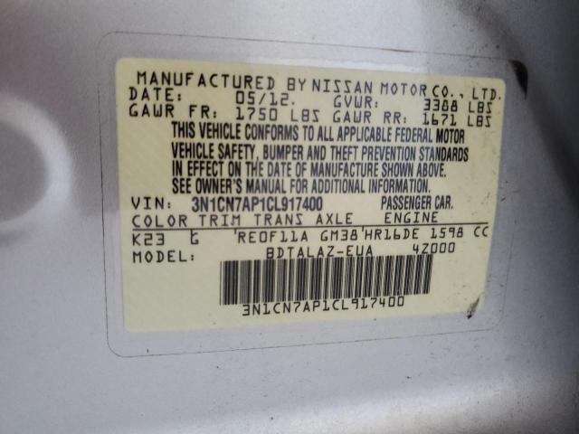 Photo 10 from auction – 2012 NISSAN VERSA S with VIN 3N1CN7AP1CL917400