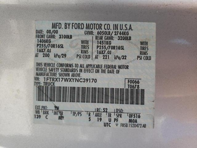 Photo 10 from auction – 2000 FORD F150 with VIN 1FTRX17WXYNC39170