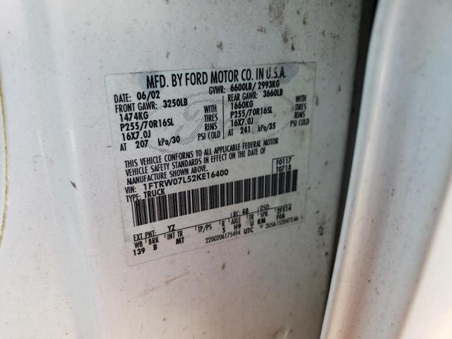 Photo 10 from auction – 2002 FORD F150 SUPER with VIN 1FTRW07L52KE16400