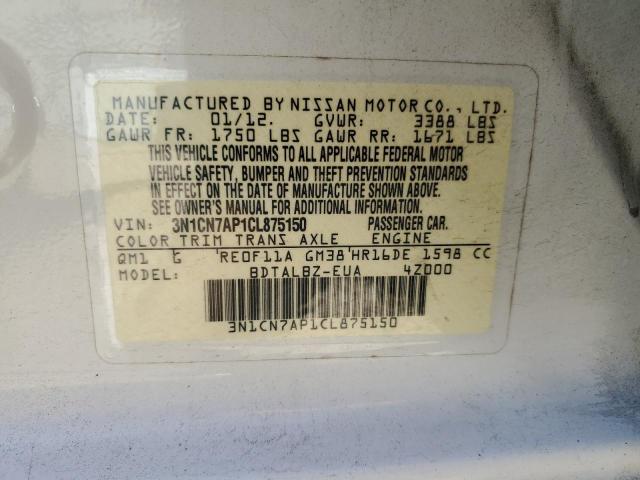 Photo 10 from auction – 2012 NISSAN VERSA S with VIN 3N1CN7AP1CL875150