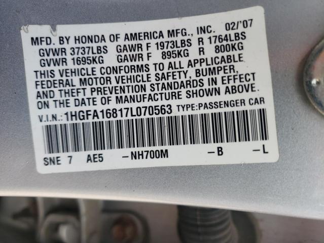 Photo 10 from auction – 2007 HONDA CIVIC EX with VIN 1HGFA16817L070563