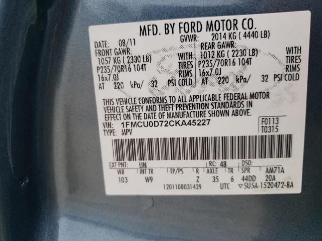 Photo 10 from auction – 2012 FORD ESCAPE XLT with VIN 1FMCU0D72CKA45227