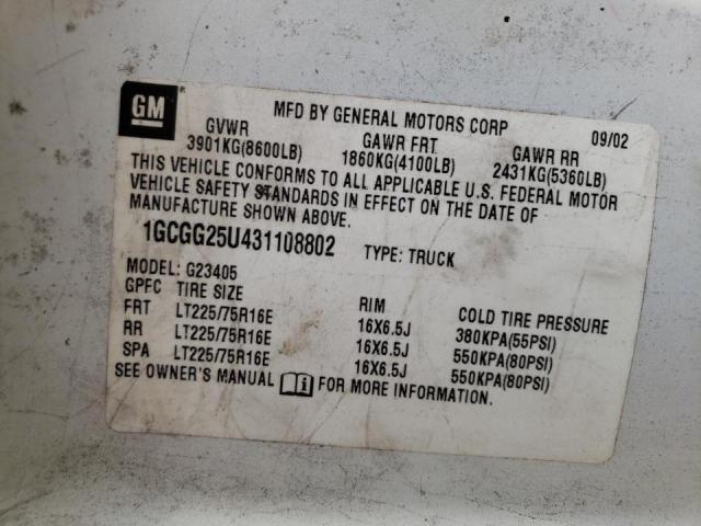 Photo 10 from auction – 2003 CHEVROLET EXPRESS G2 with VIN 1GCGG25U431108802
